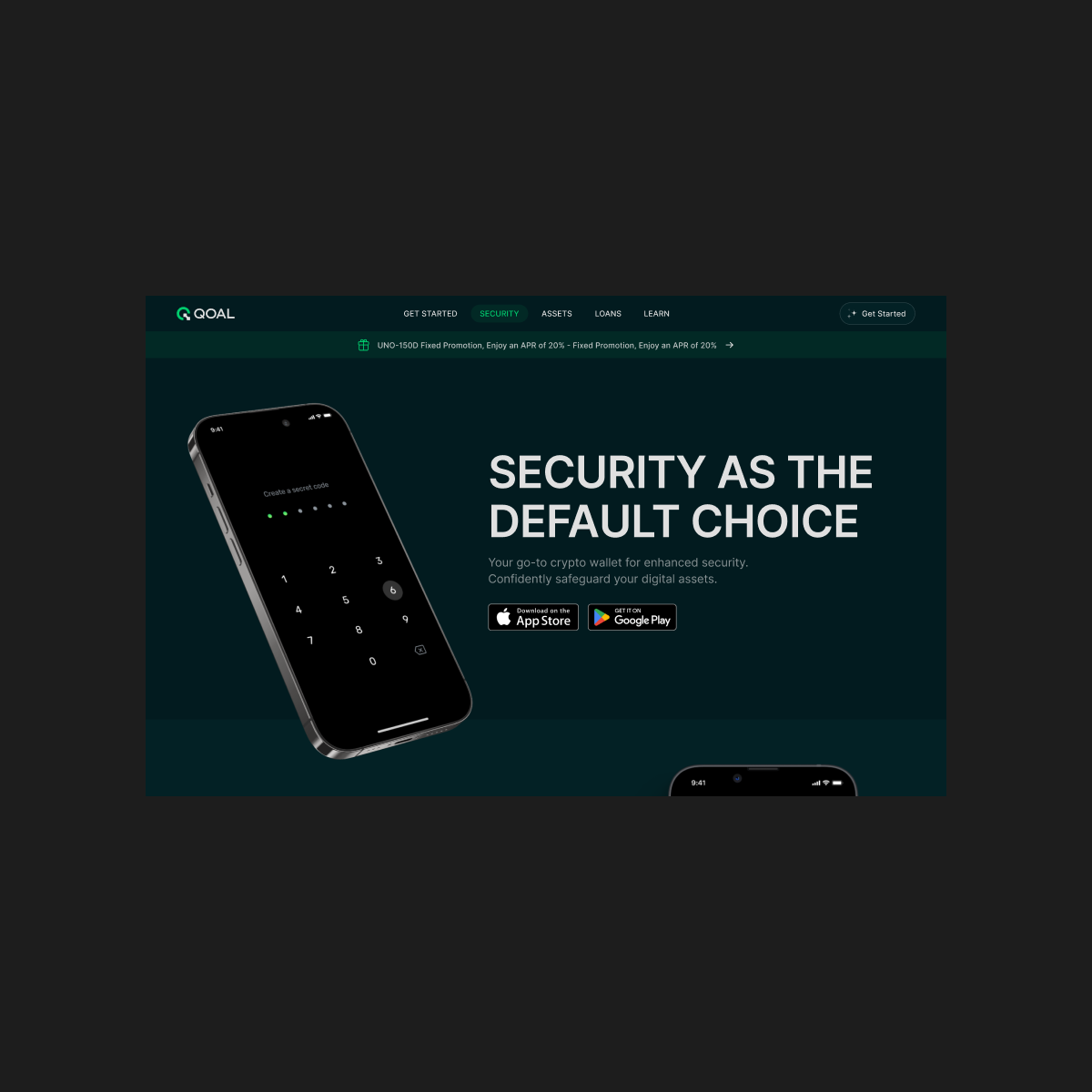 QOAL website section on desktop, explaining how the platform keeps accounts and funds secure.