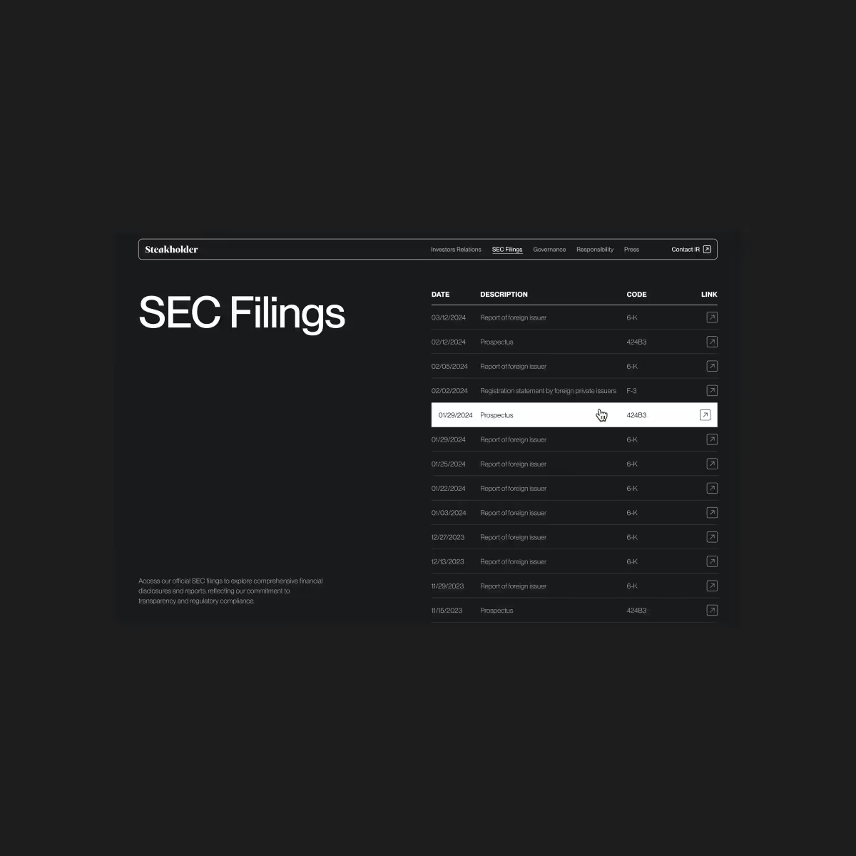 Steakholder investor relations page on desktop, listing the company’s SEC filings.