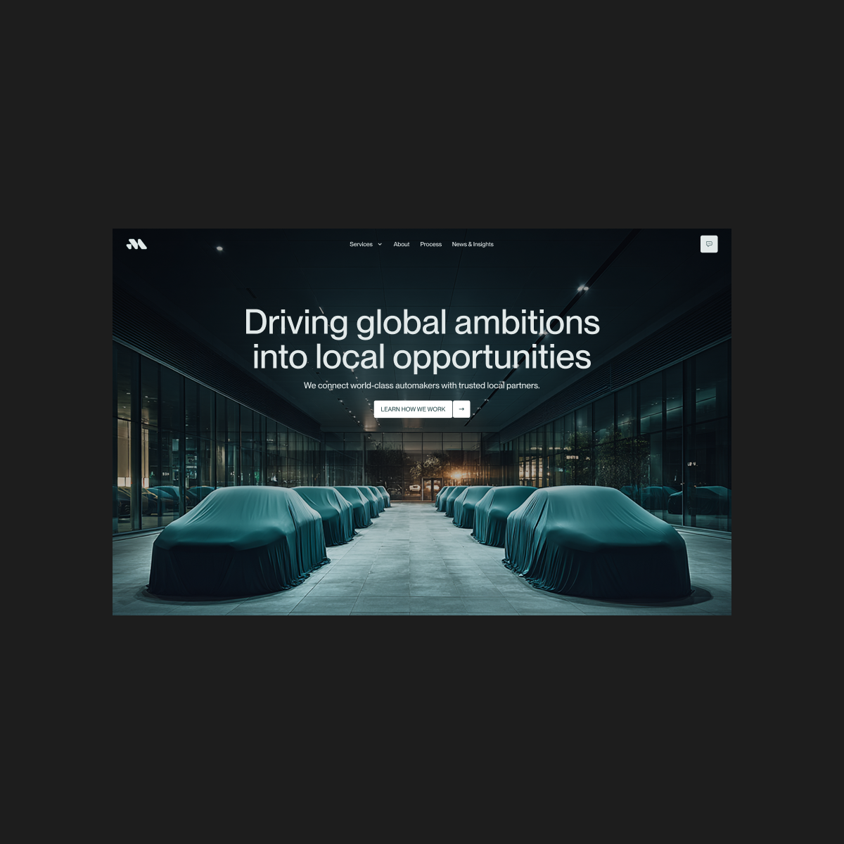 Maxwell International homepage hero on desktop, introducing the company’s global automotive trade services.
