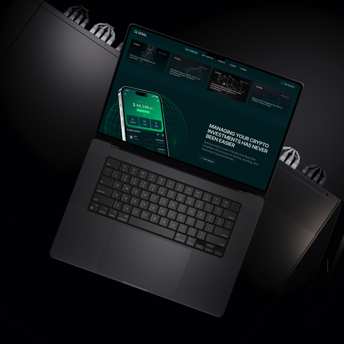 QOAL marketing website on a laptop, introducing the crypto exchange.