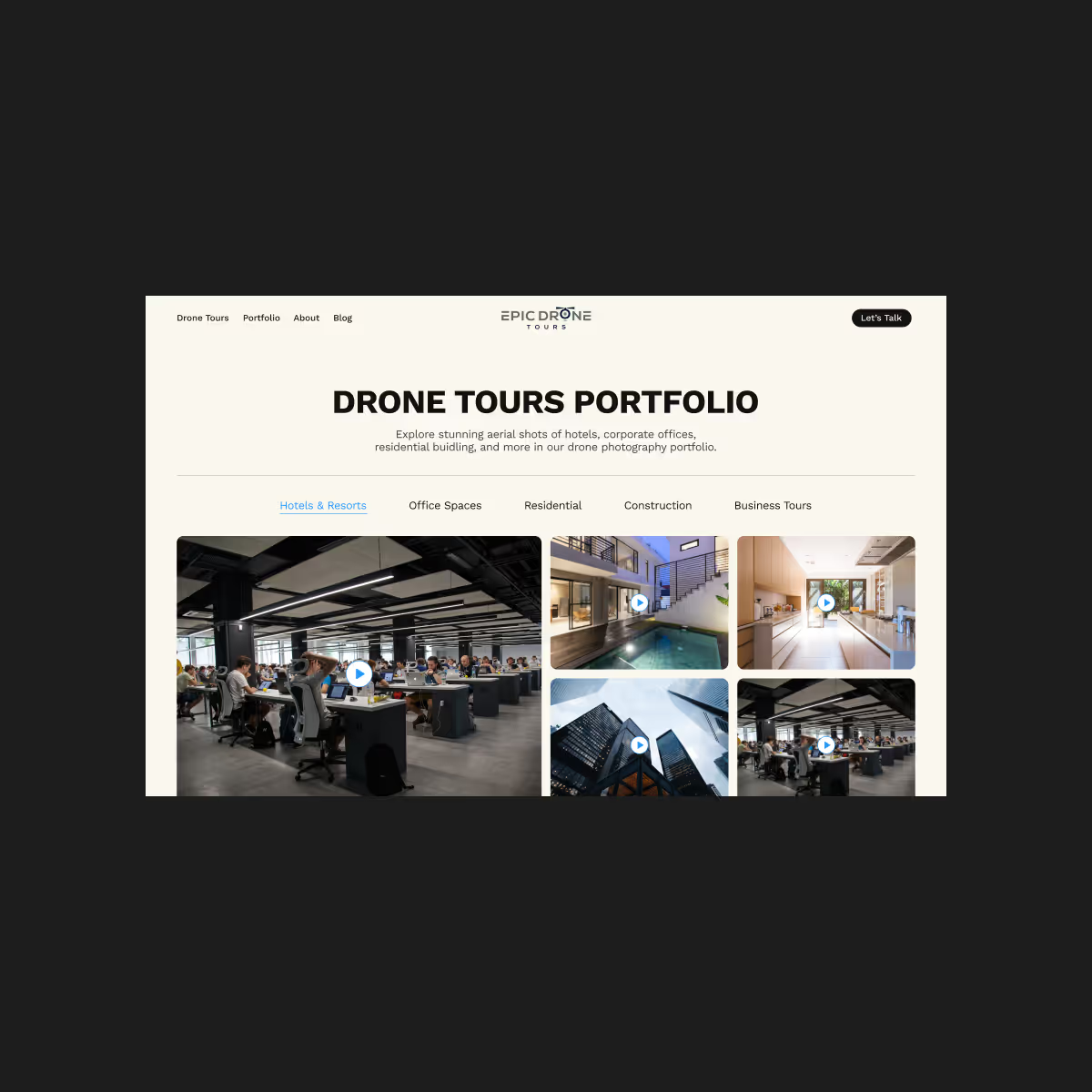 Epic Drone Tours portfolio page, with tabs filtering aerial work by industry.