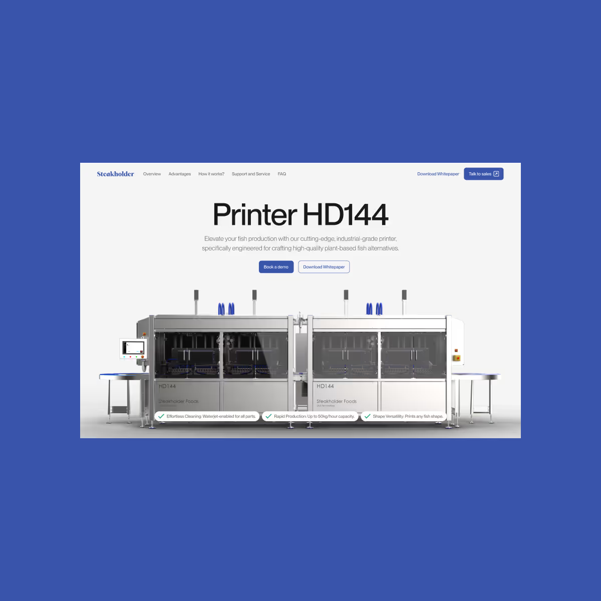 Steakholder HD144 printer product page on desktop, presenting the industrial 3D printer and its specifications.