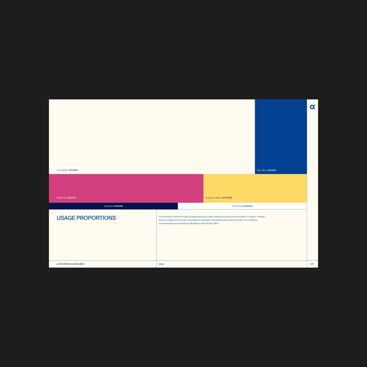 Alipa brand guidelines page showing the brand color palette.