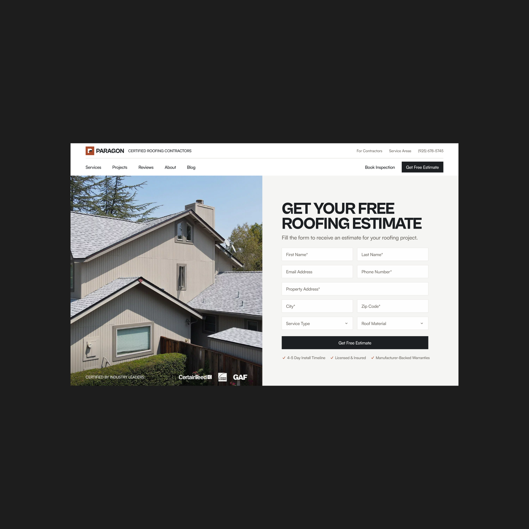 Paragon Roofing contact form on desktop, where homeowners request an inspection or estimate.