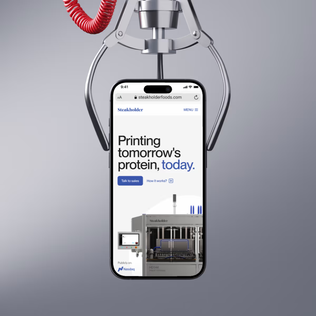 Steakholder printer page hero on mobile, introducing its industrial 3D food printer.