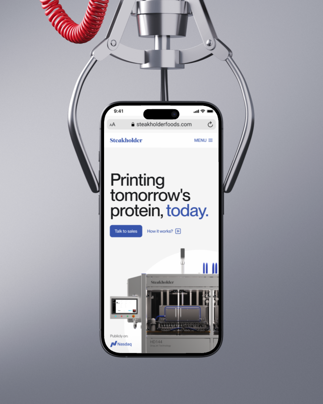 Steakholder homepage hero on mobile, introducing its 3D printing technology for plant-based and cultivated meat.