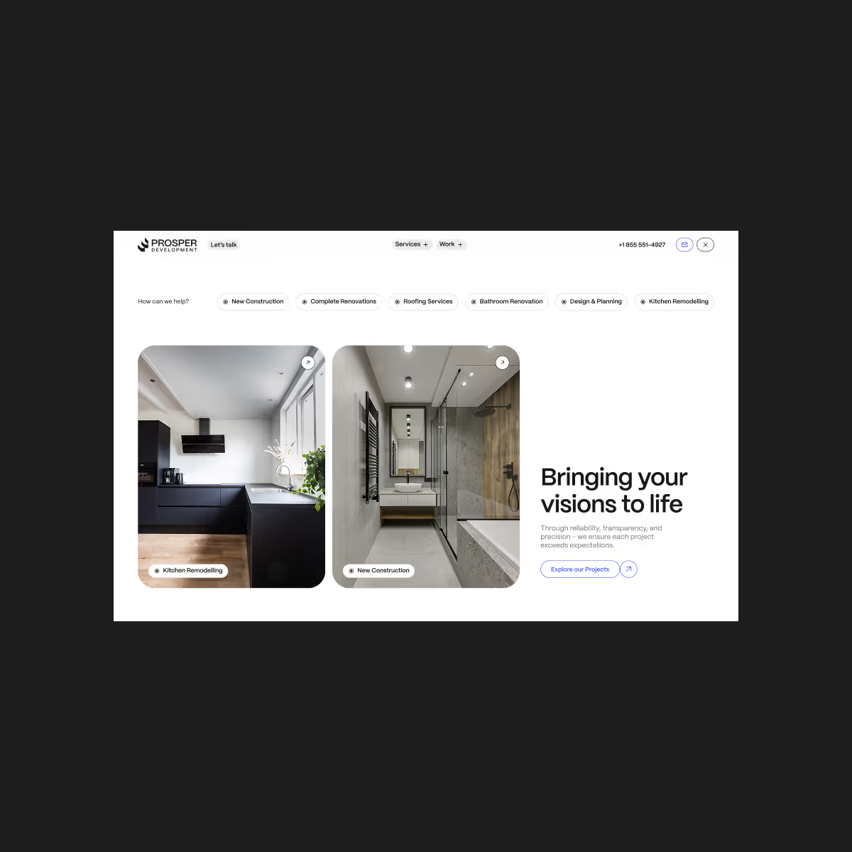 Prosper Development services section on desktop, covering renovations, structural repairs, and custom builds.