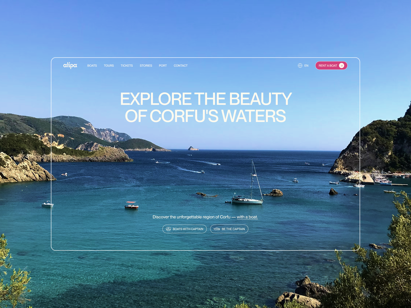 Alipa homepage designed by VX.STUDIO, shown over a photograph of a Greek harbor.