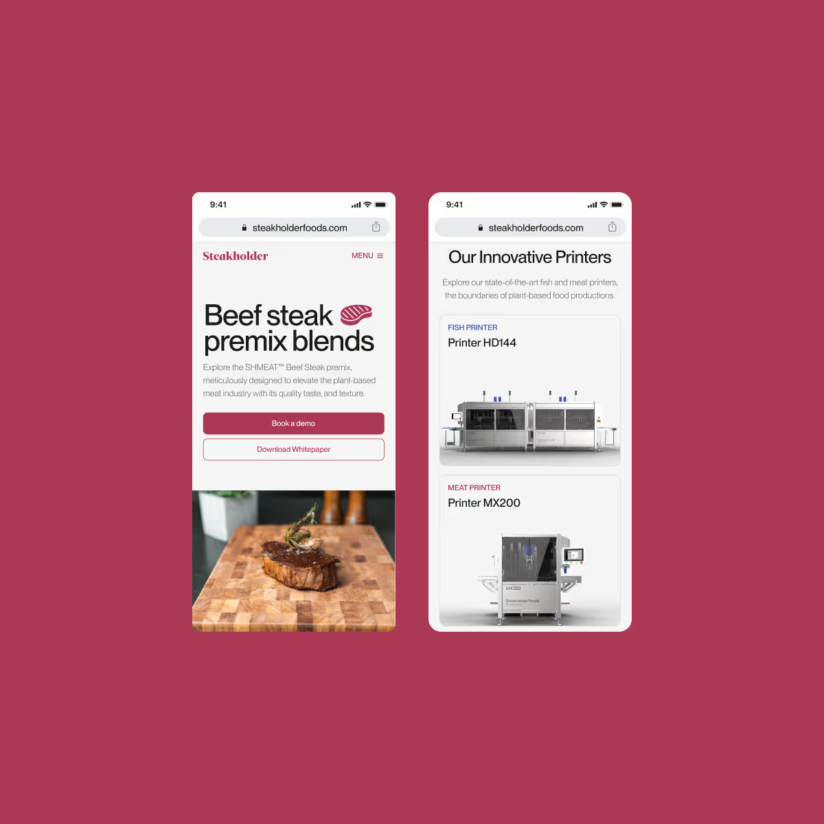 Steakholder pages on mobile presenting a 3D-printed beef steak product and the printer that produces it.
