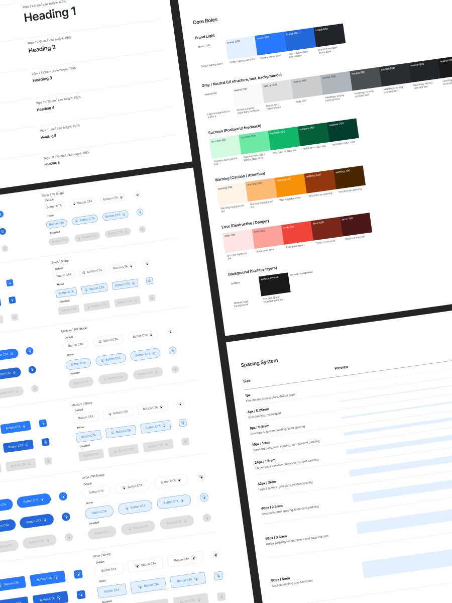 Product design system showing interface components, typography, and color styles.