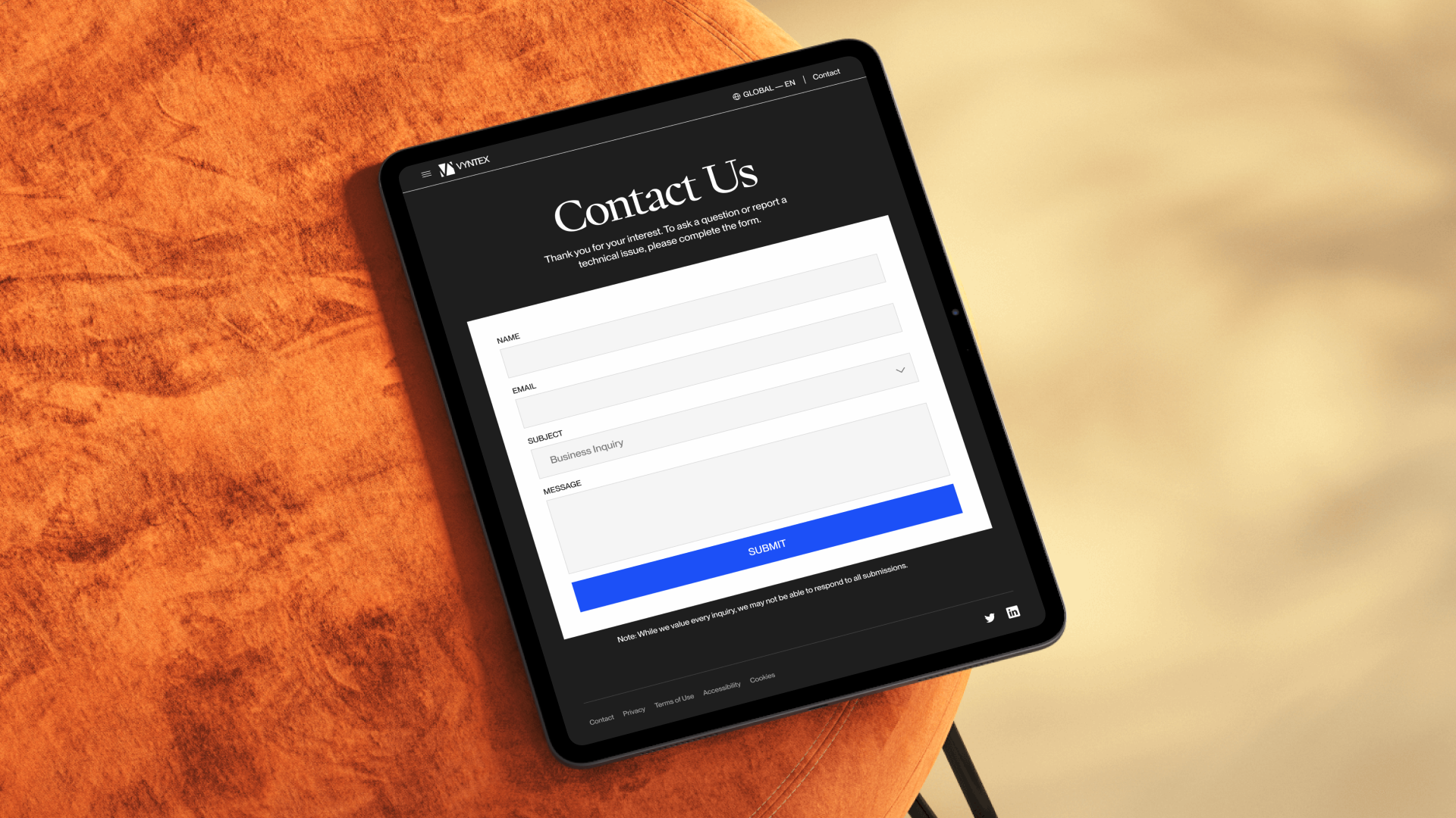 VYNTEX contact form on a tablet, where businesses describe their needs to start working with the consultancy.