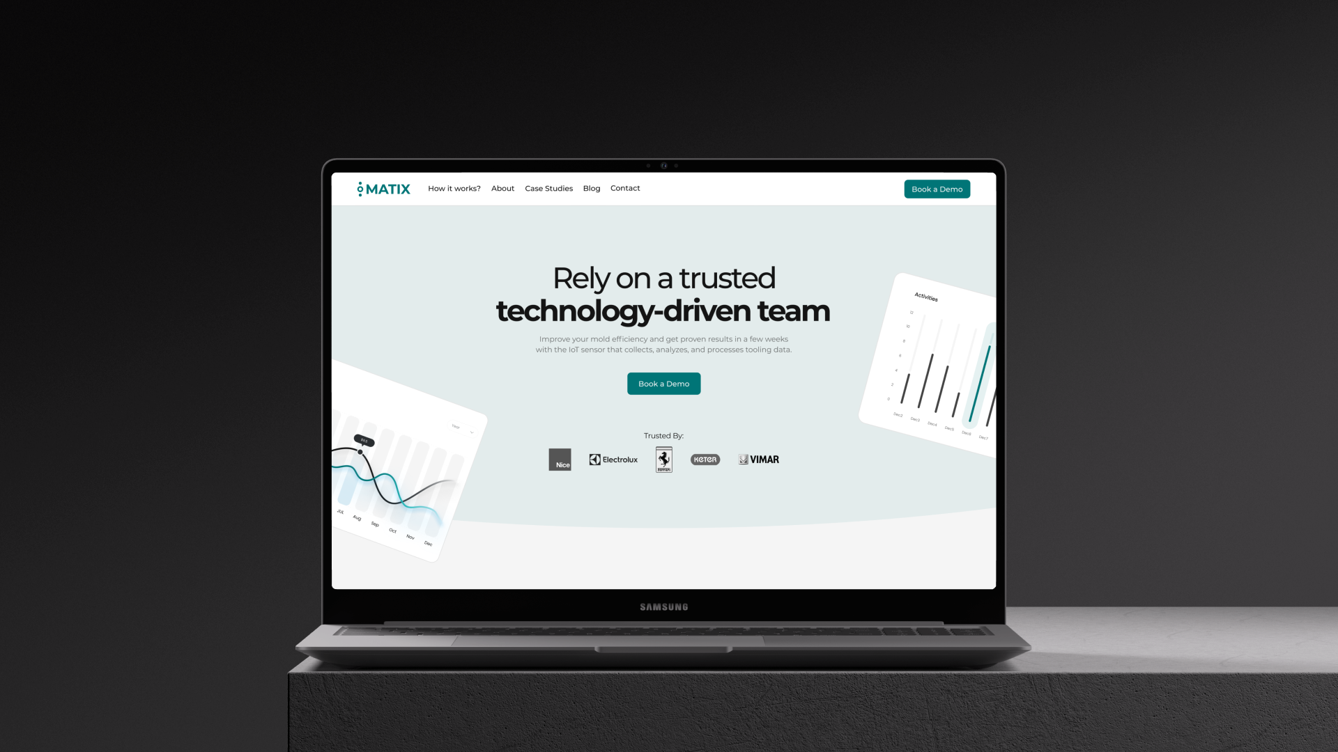 Matix product page on desktop, explaining its production tracking and AI insights platform.