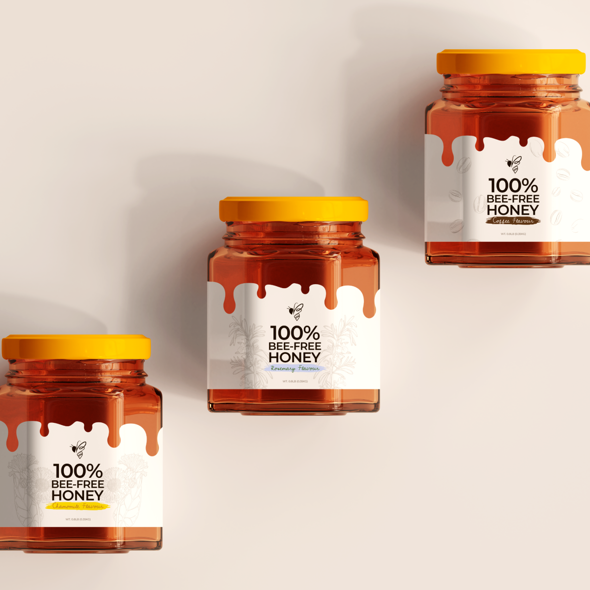 Three Bee-io honey jars shown together, each with label designs from the brand identity.