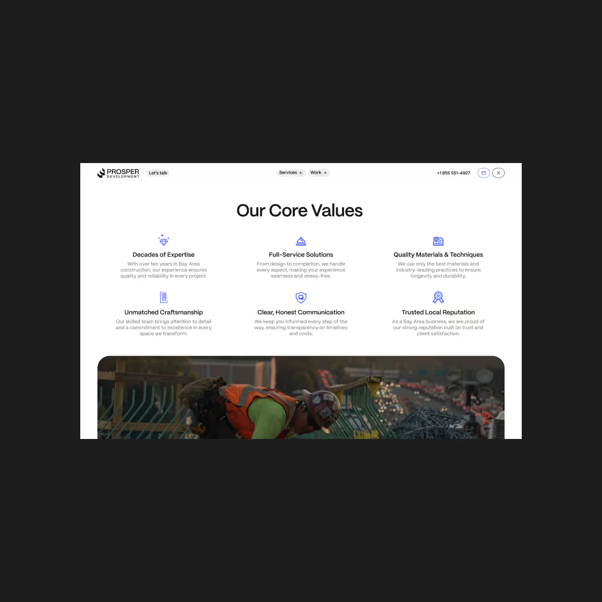 Prosper Development core values section on desktop, describing the principles behind its work.