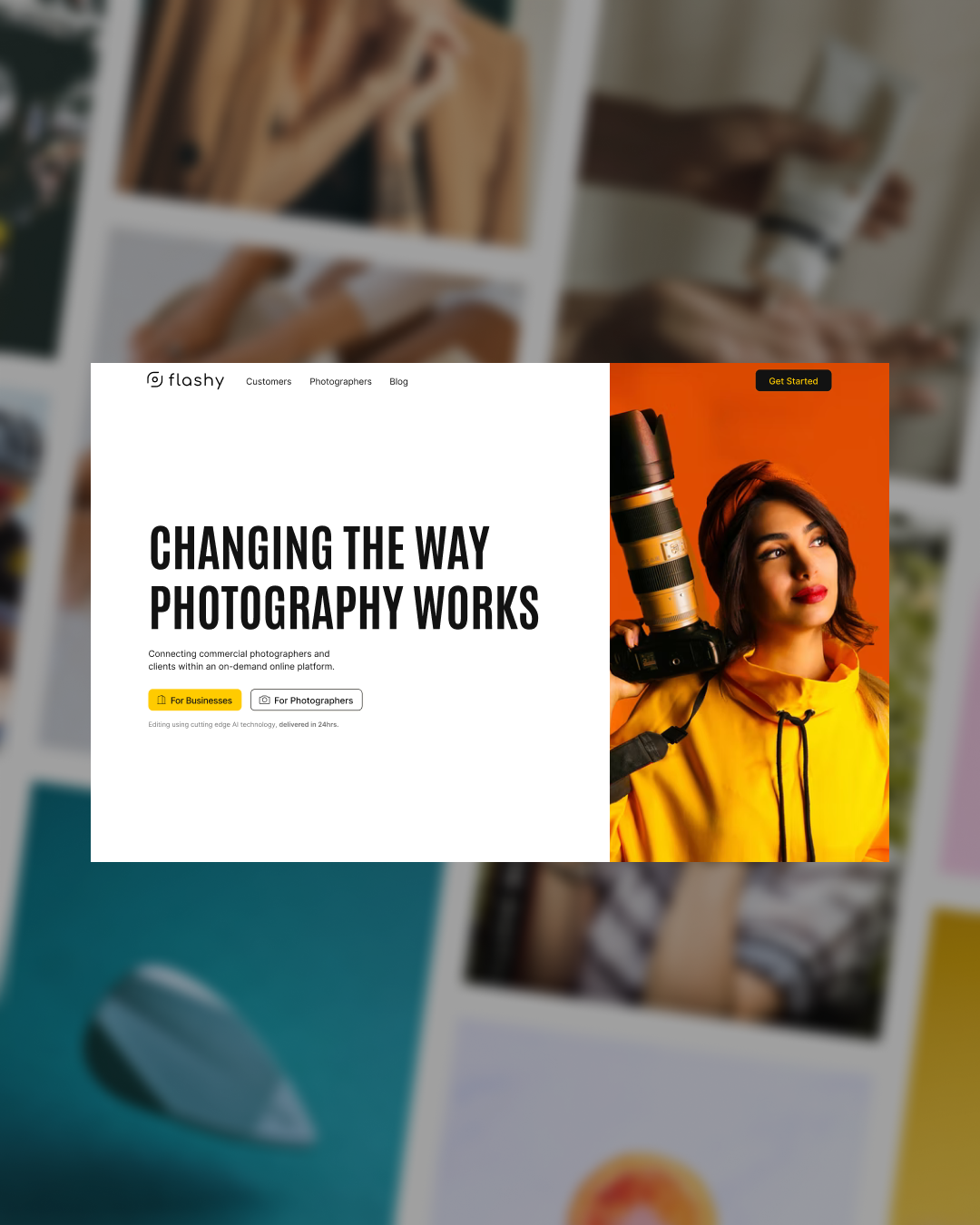 GetFlashy homepage hero on desktop, designed by VX.STUDIO, with a grid of professional photographers behind the headline.
