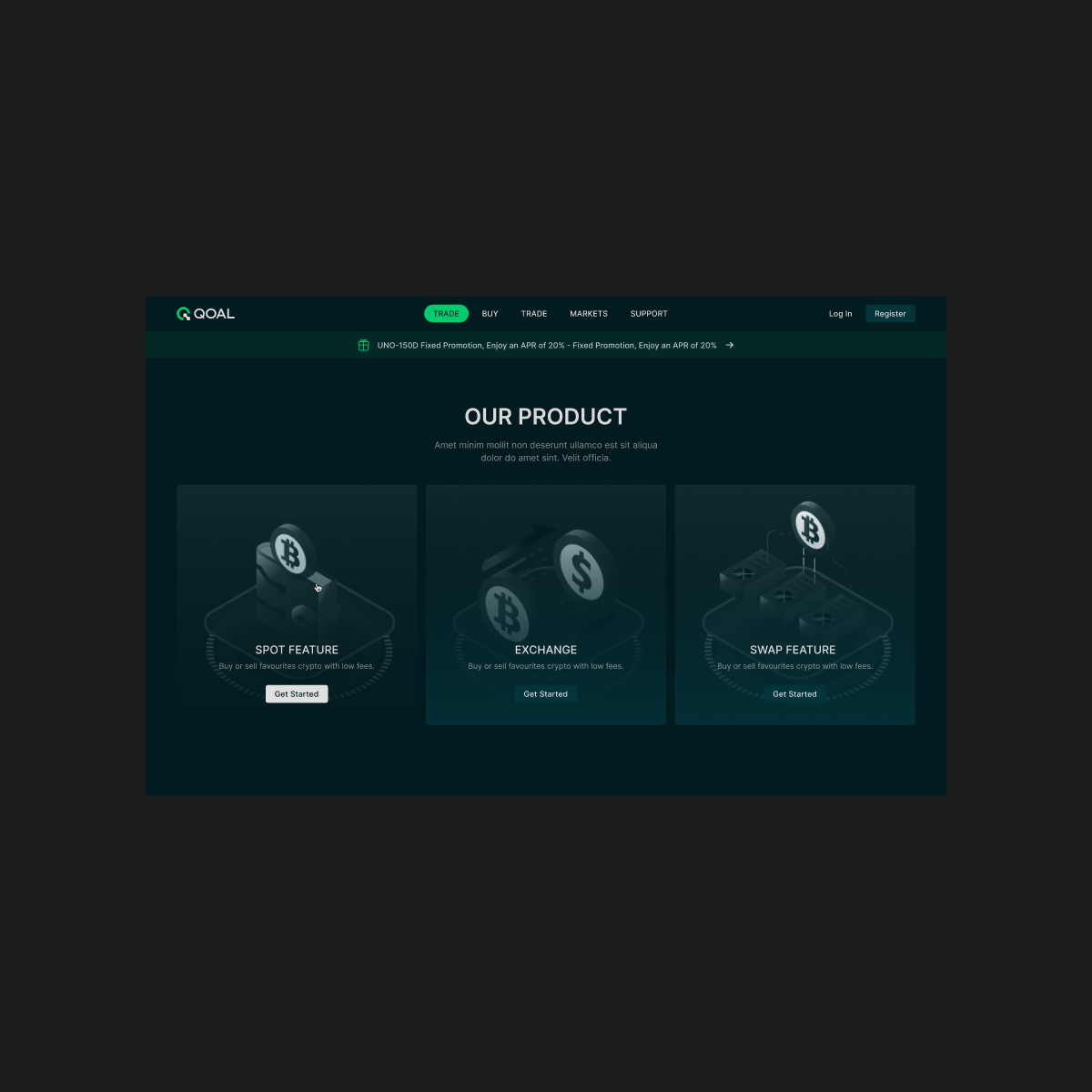 QOAL product section on desktop, presenting the exchange’s main features.