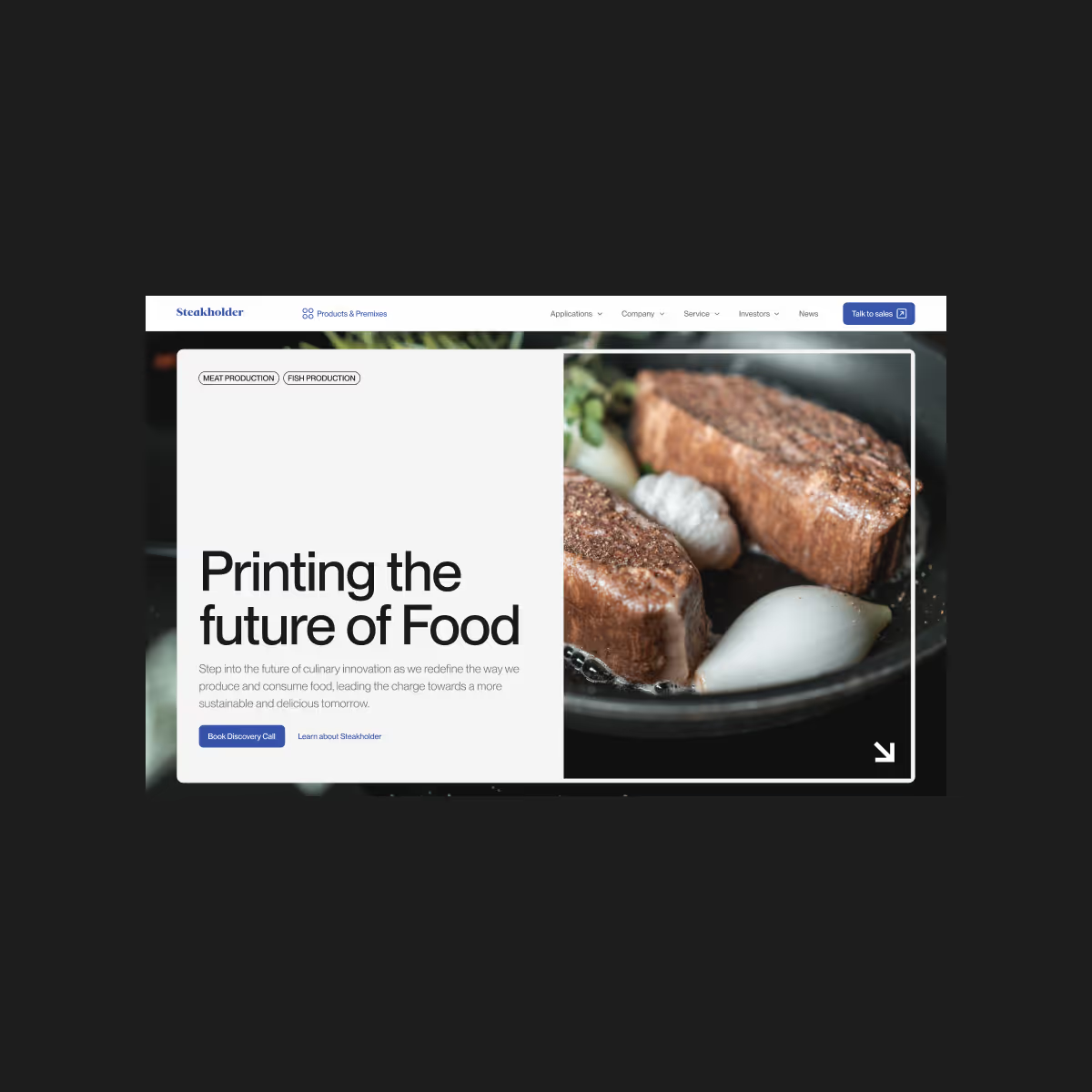 Steakholder homepage hero, introducing its 3D printing technology for plant-based and cultivated meat.