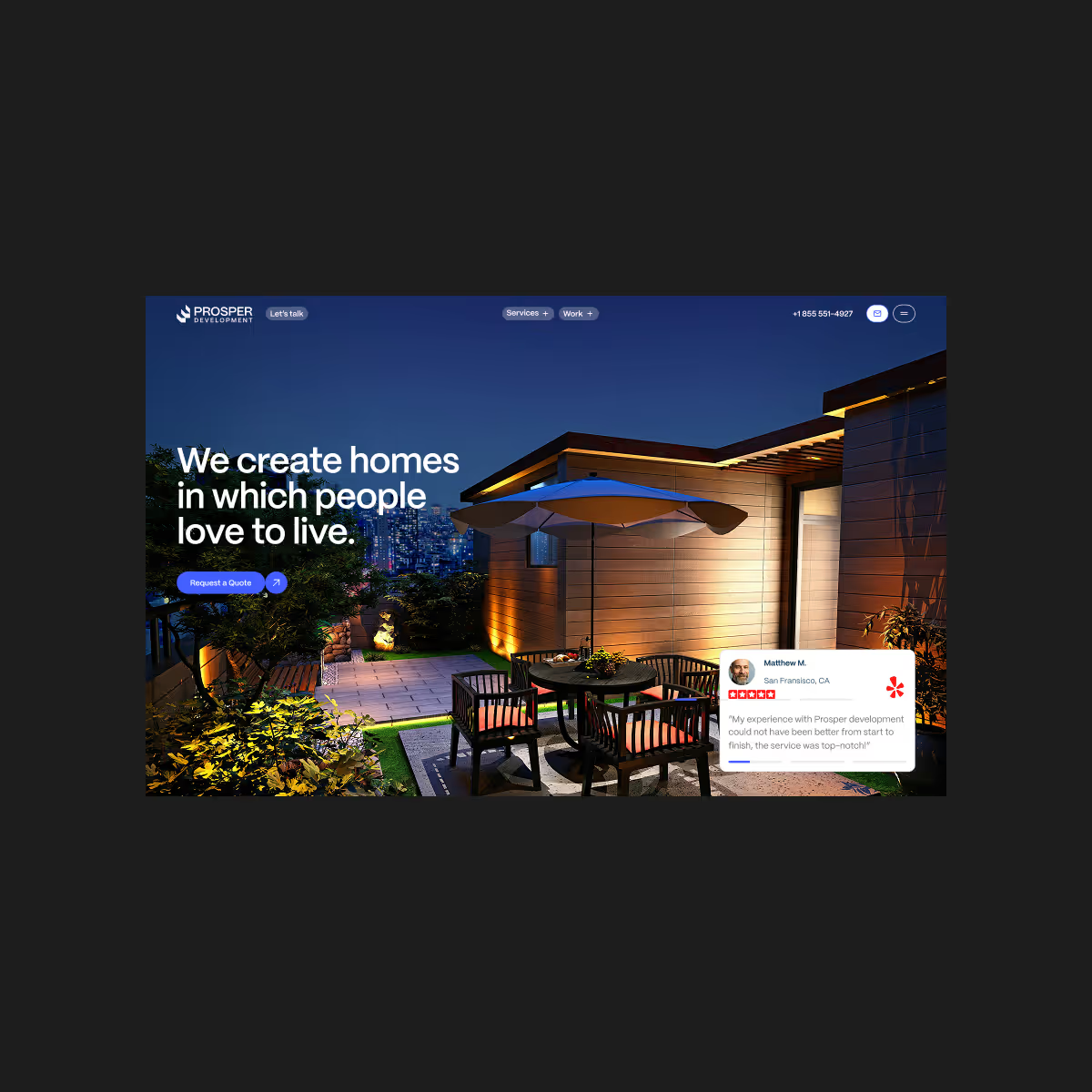Prosper Development homepage hero on desktop, introducing its renovation and construction work in San Francisco.