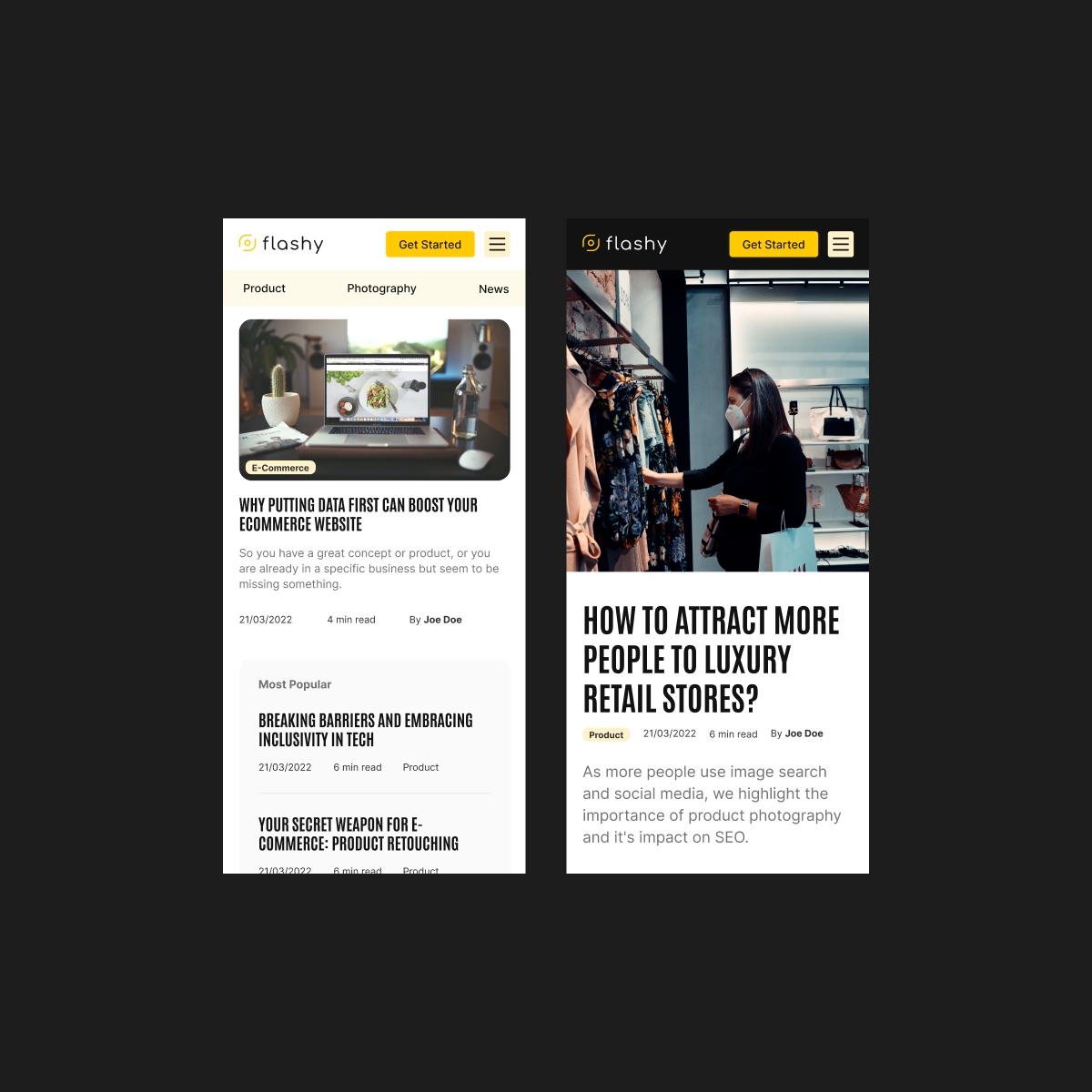 GetFlashy blog page and an open blog article on mobile.