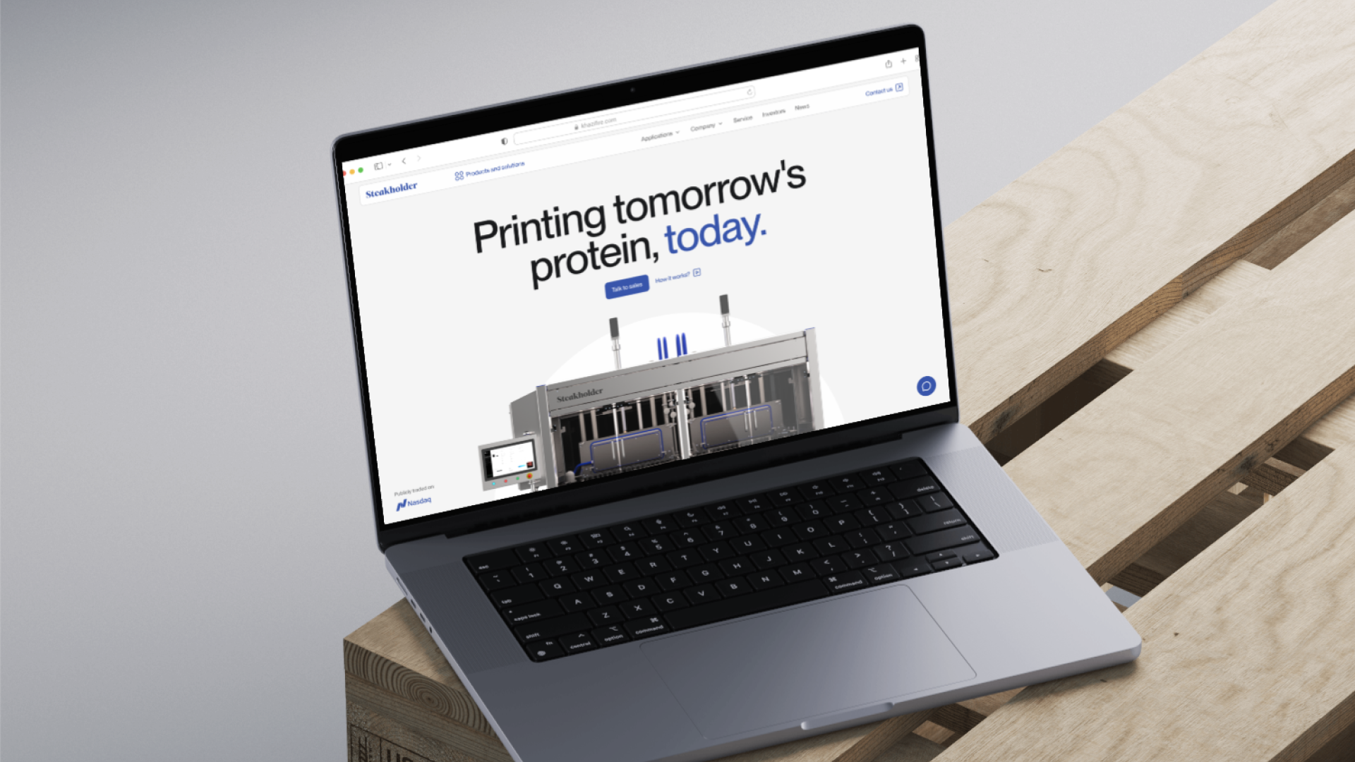 Steakholder homepage hero on desktop, introducing its 3D printing technology for plant-based and cultivated meat.