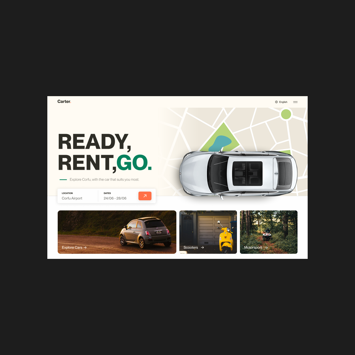 Carter homepage hero introducing vacation car rental, with a search for available cars.