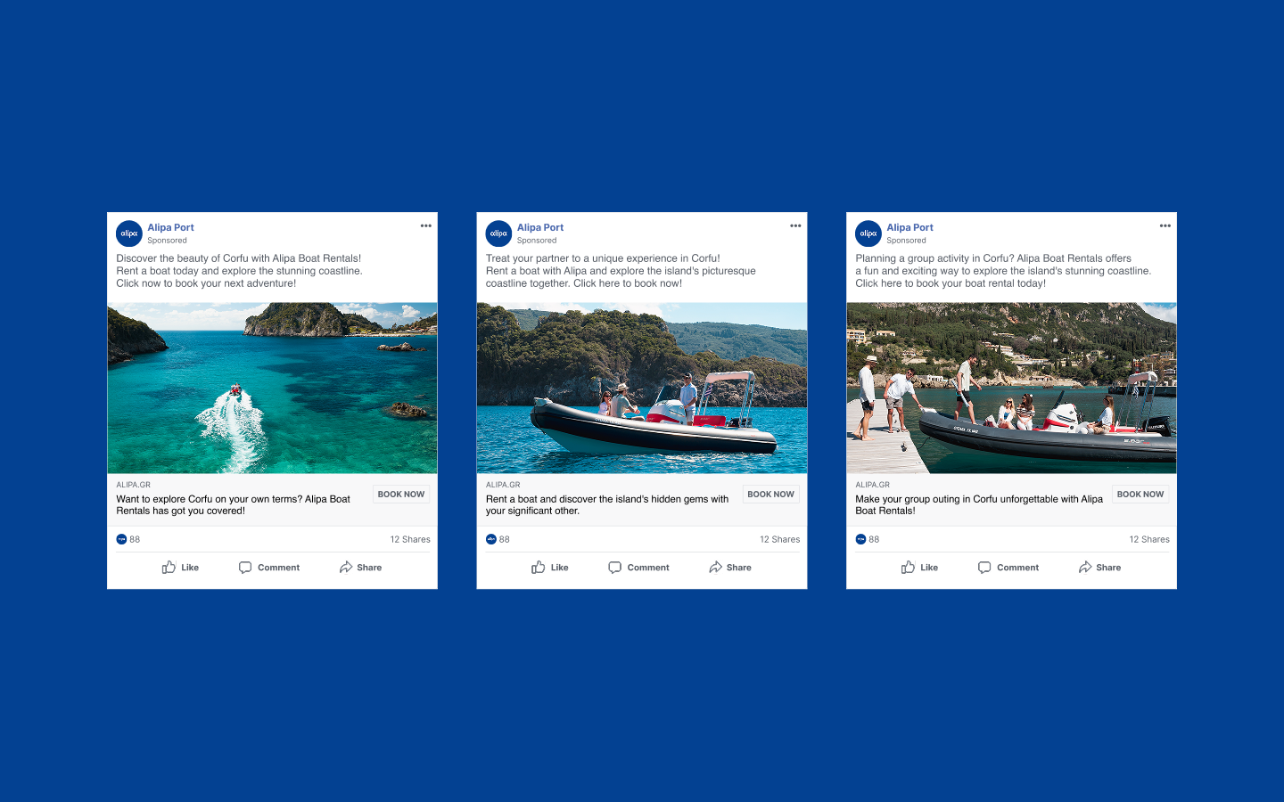 Three Meta ad variations created by VX.STUDIO for Alipa, each promoting boating experiences with a different image and message.