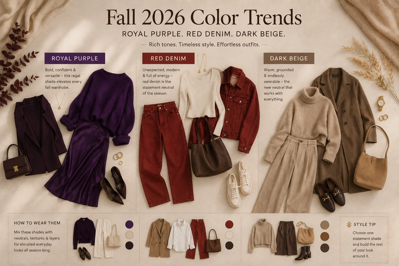 Fall 2026 Color Trends: Royal Purple, Red Denim & Dark Beige