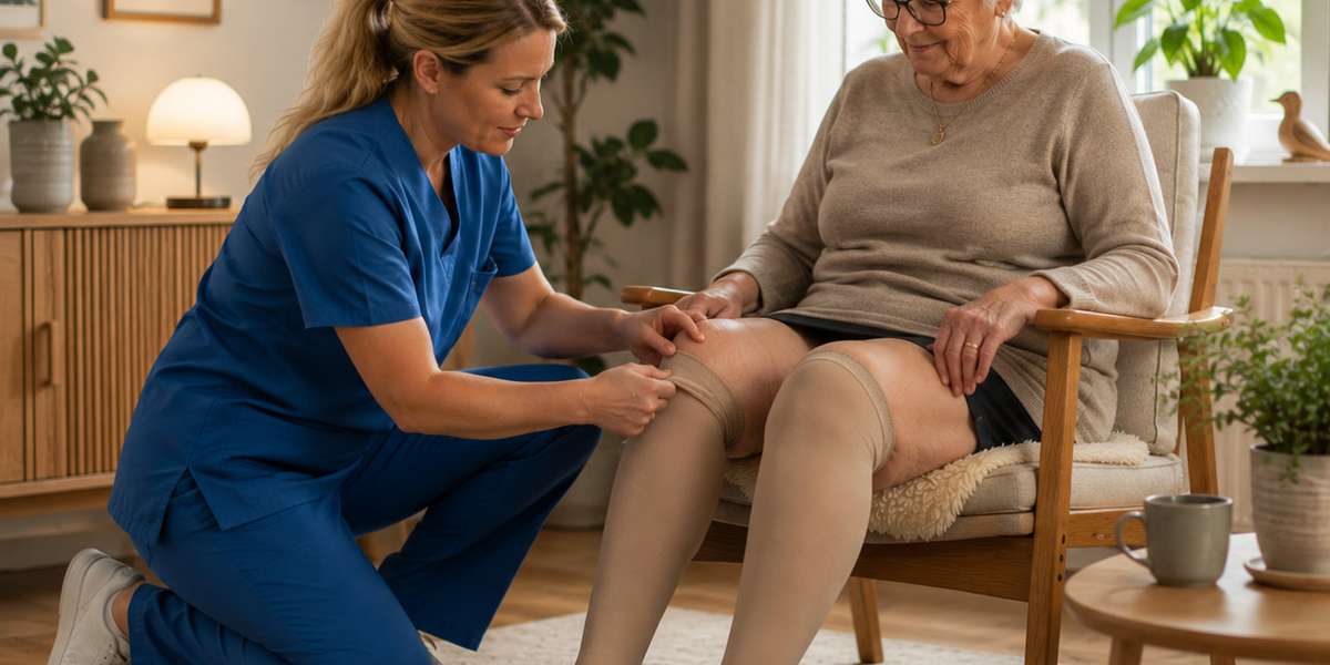 Bildet viser en eldre kvinne som får hjelp med støttestrømper. Bildet er AI-generert