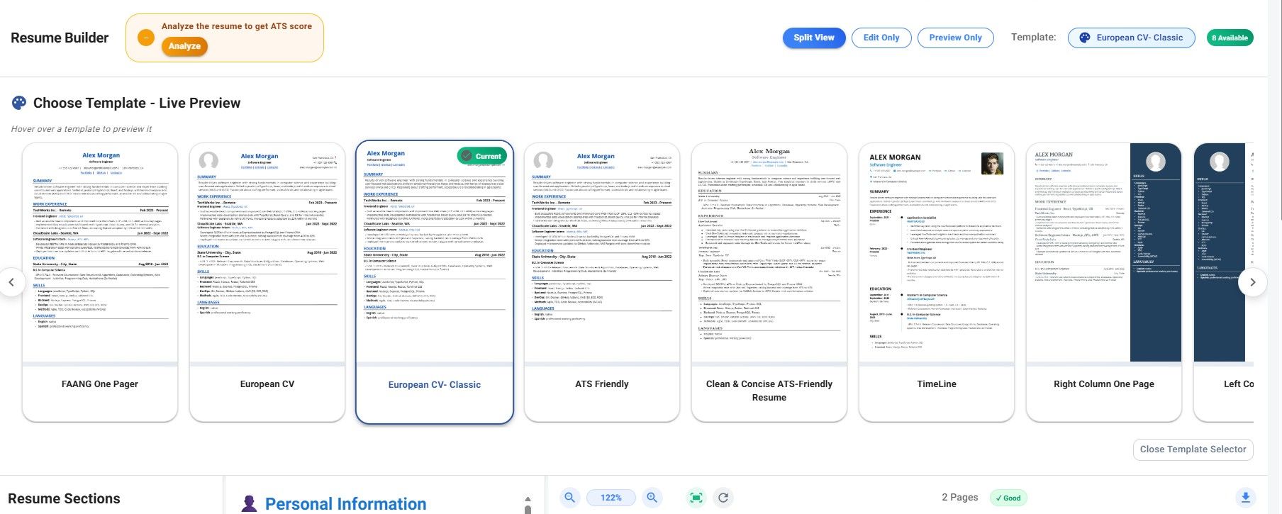 JobStacky Resume Builder template switcher
