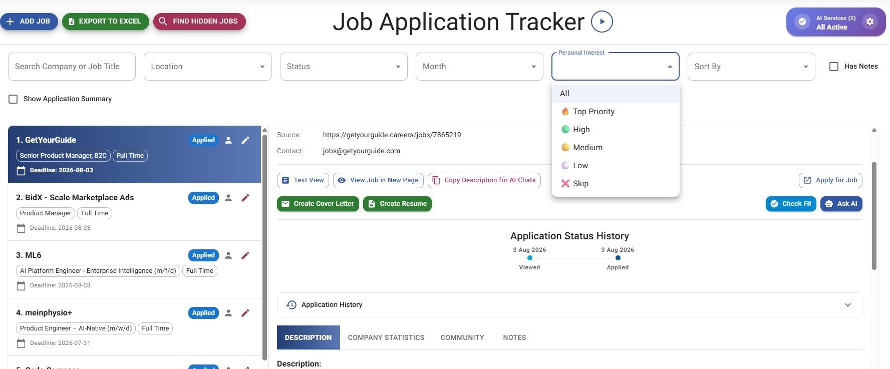 JobStacky Job Application - Filter by personal Interest