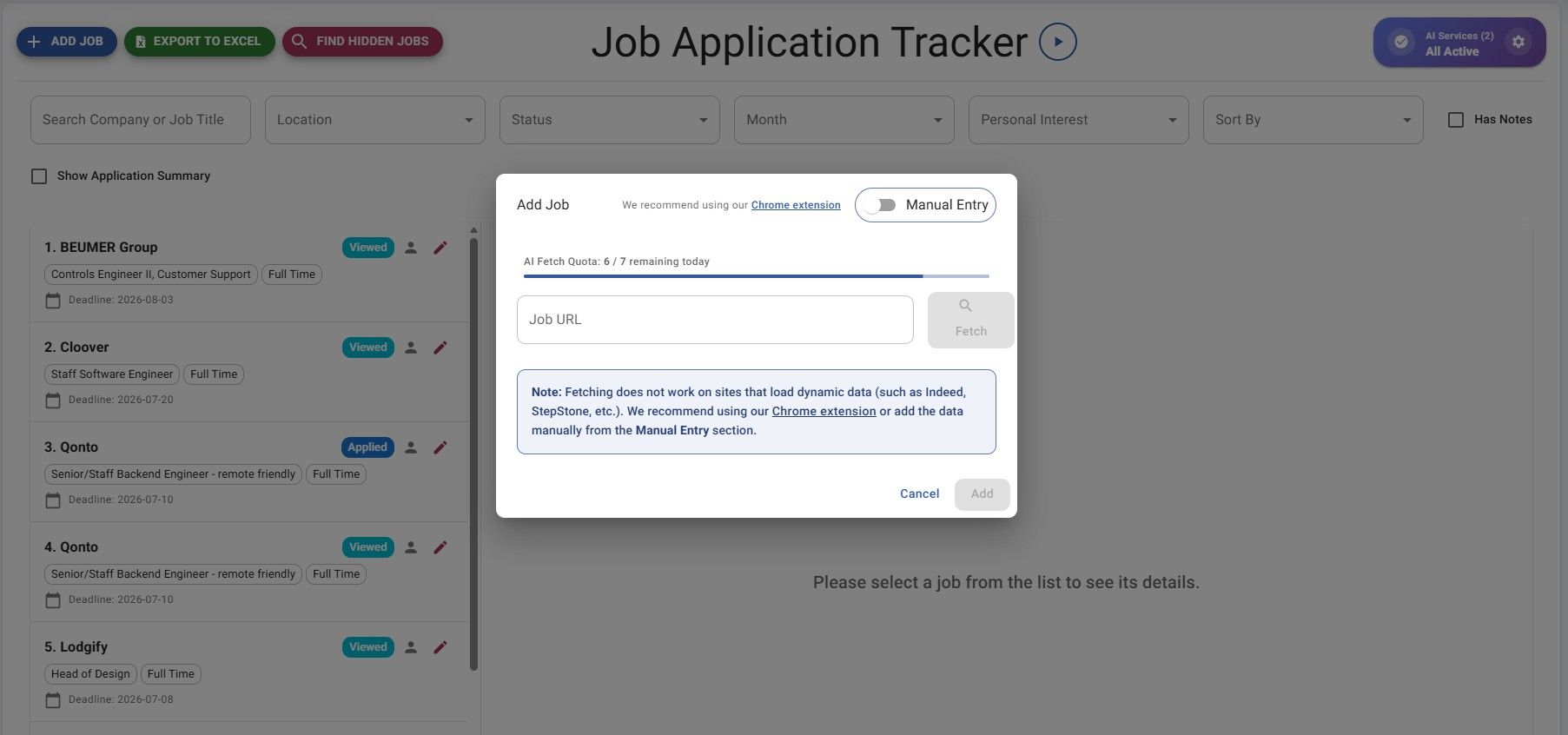 JobStacky Job Application Tracker - Add Job - Via Link or use chrome extenstion