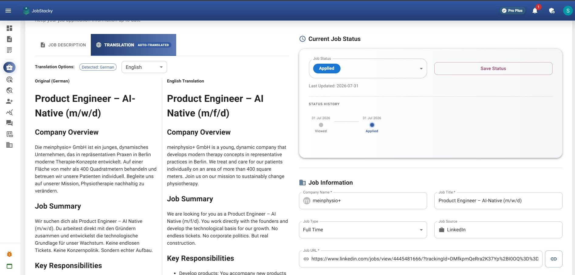JobStacky  Job Application Tracker - Job Description Auto translate to English