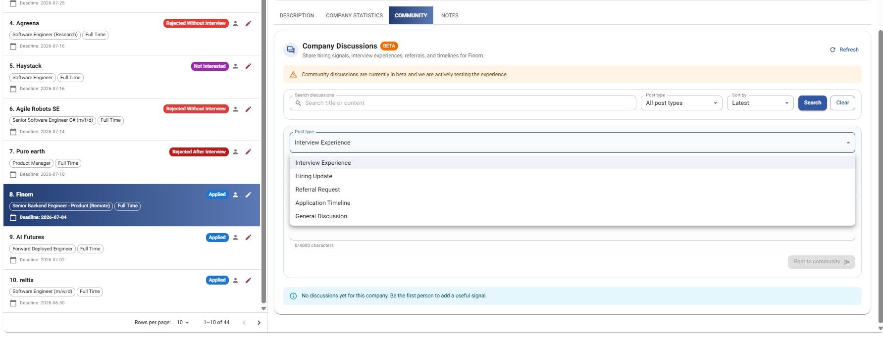 JobStacky Job Application - Company disccusion from Jobtracker page