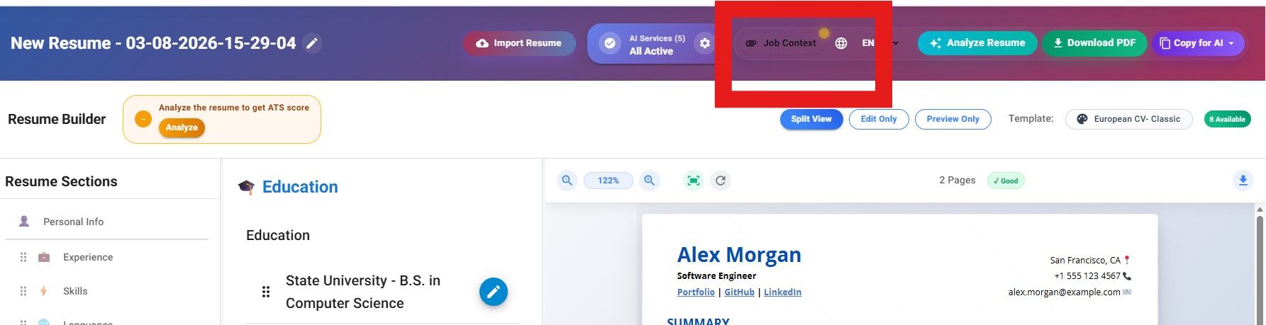 JobStacky Resume Builder context addition/ switching