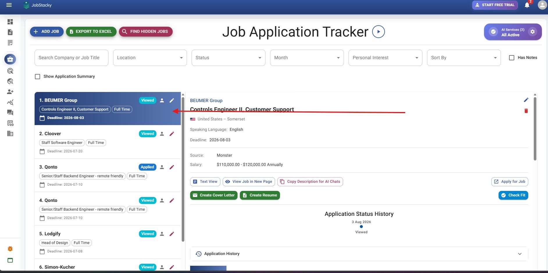 JobStacky Chrome Extension - You can also view it in the Jobtracker table view