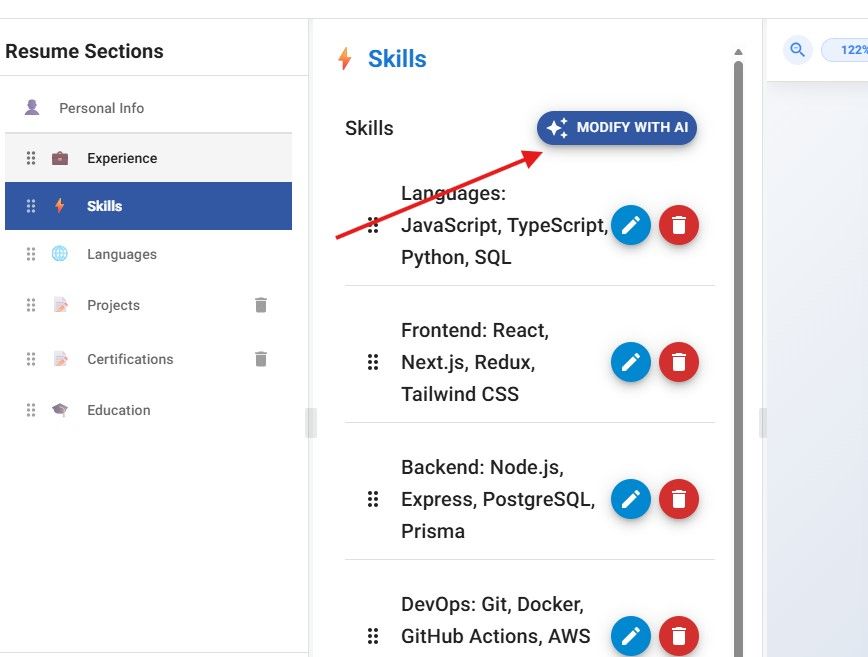 Jobstacky Resume Builder - Modify Skills with AI with respect to JobContext