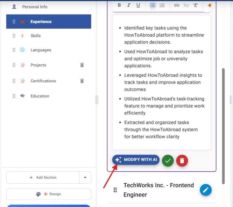 Jobstacky Resume Builder Modify the Experience with AI
