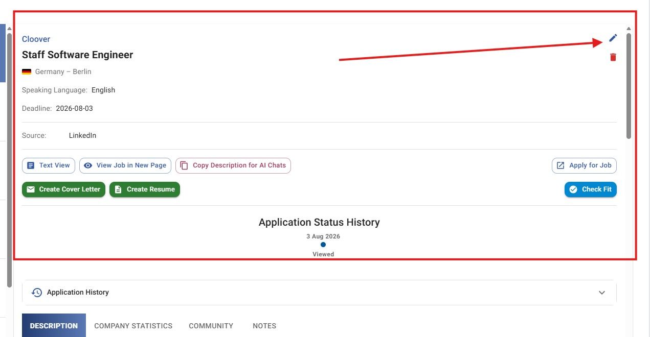 JobStacky Job Application Tracker - Edit Job directly from Job tracker page