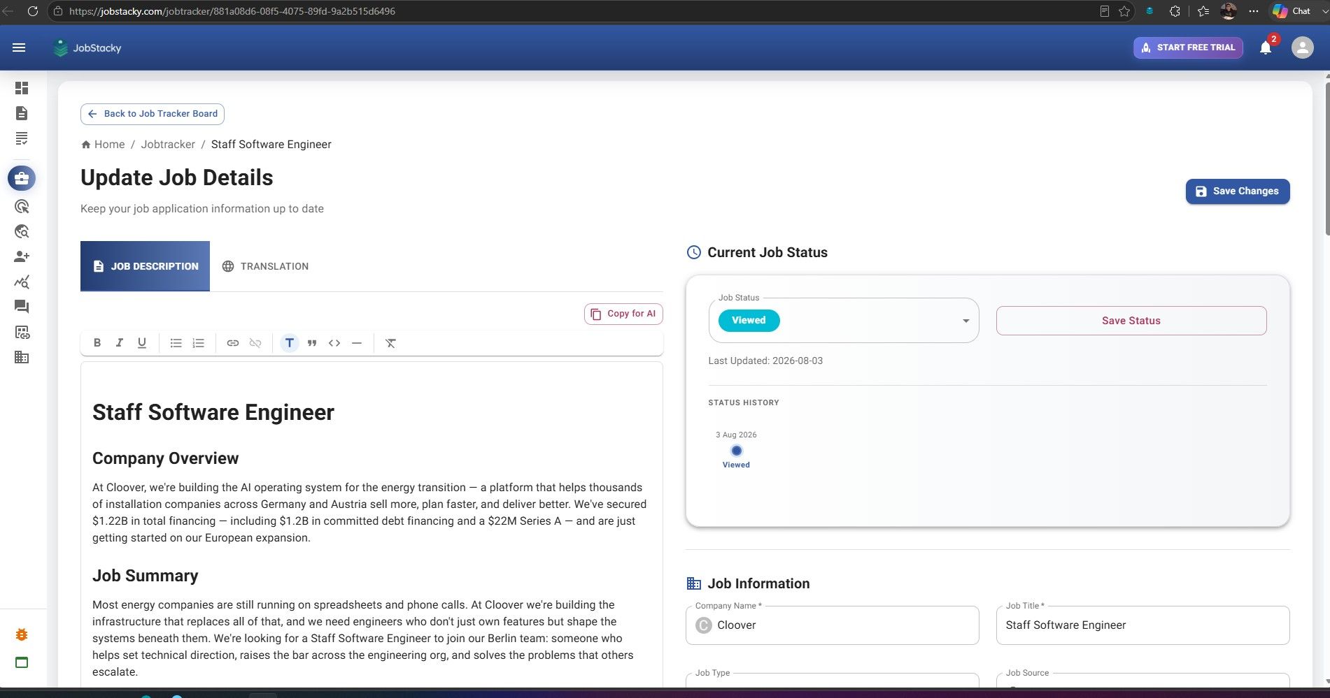 JobStacky Job Application Tracker - Edit Job - Update Status quickly in new page