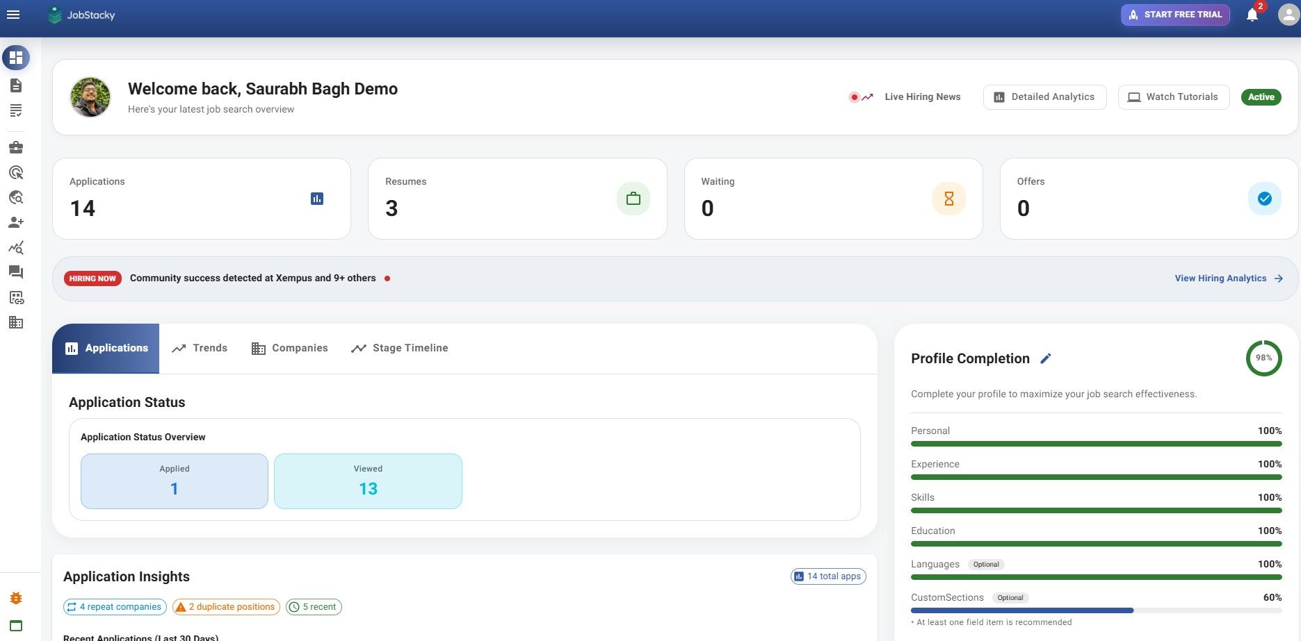 JobStacky - Job Application Tracker - Step 1 - See the Dashboard