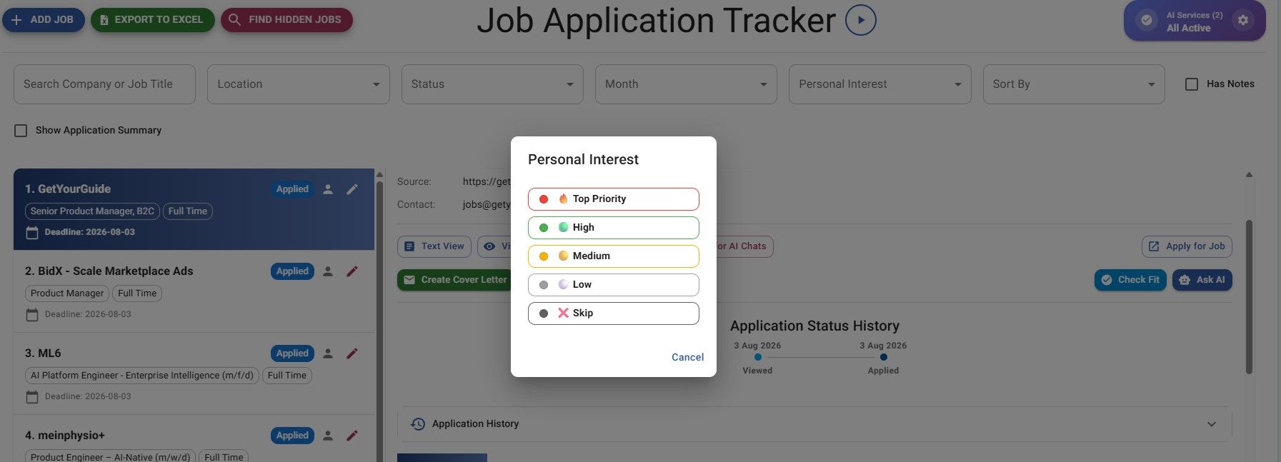 JobStacky Job Application tracker - Set priorities as per personal interest