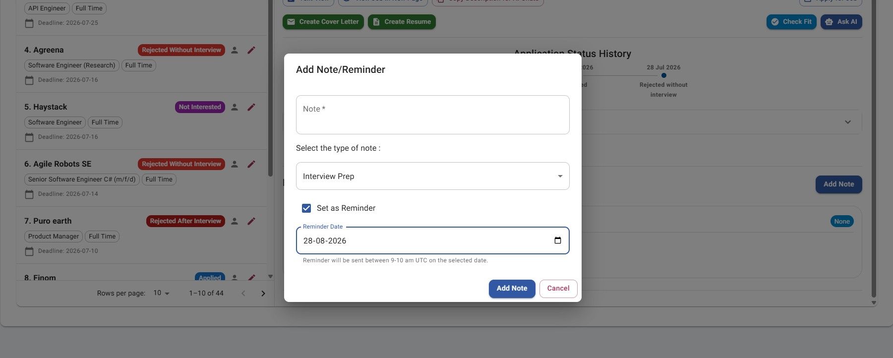 JobStacky Job Application - Notes follow - up reminder