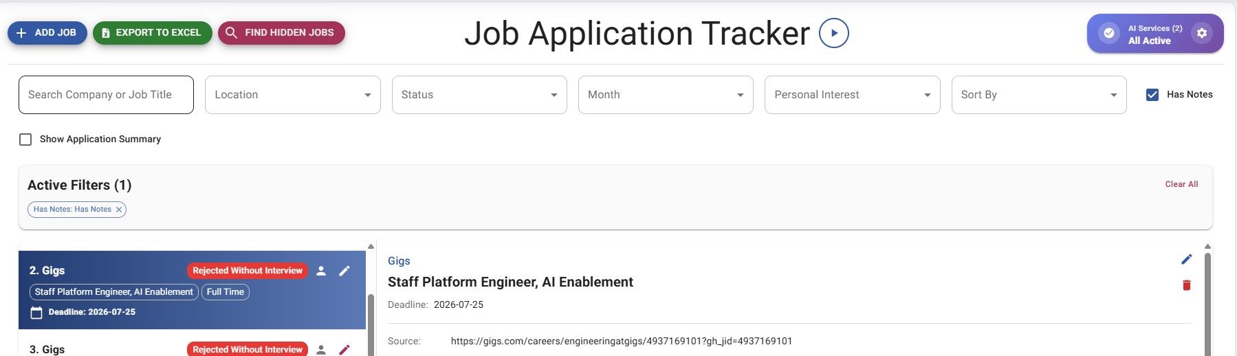JobStacky Job Application - Filter options