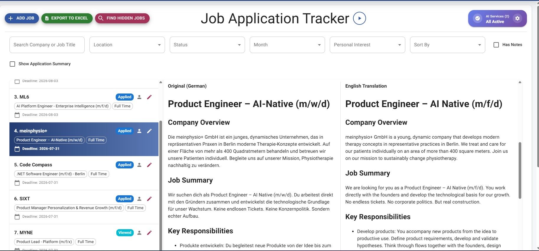 JobStacky Job Application Tracker - Auto Translate to English Job description