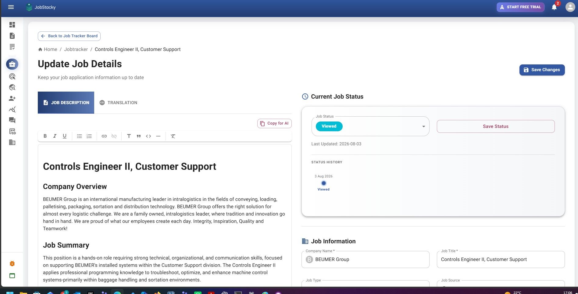 JobStacky Chrome Extension - View it or update the details in the Jobtracker page