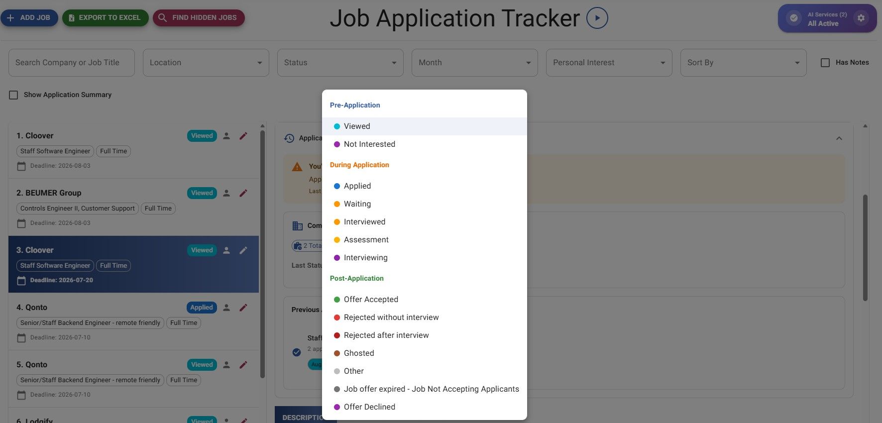 Jobstacky Job Application Tracker - Quick Status update