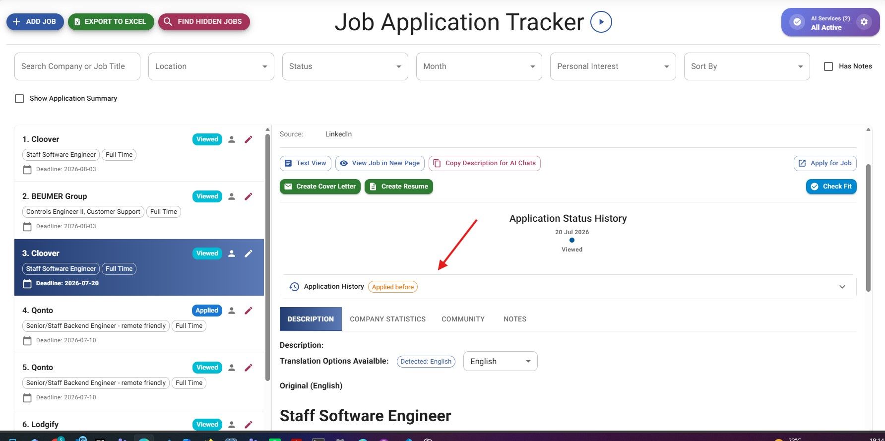 JobStacky Job Application Tracker - Application History