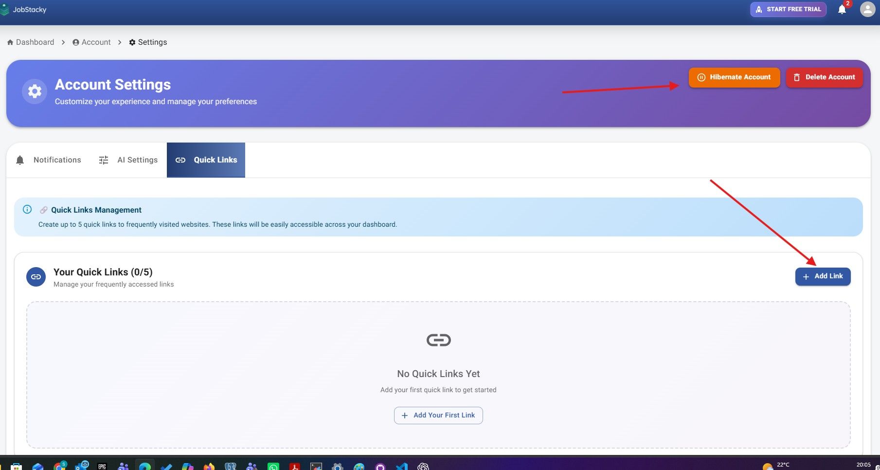 JobStacky Job Application Tracker : Quick links and Hibernate account
