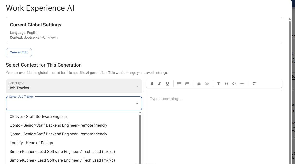 Jobstacky Resume Builder - Context Switching for a Perticular Section or Part