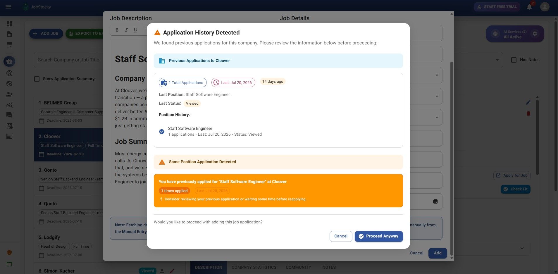 JobStacky Job Application Tracker - Application History Detected